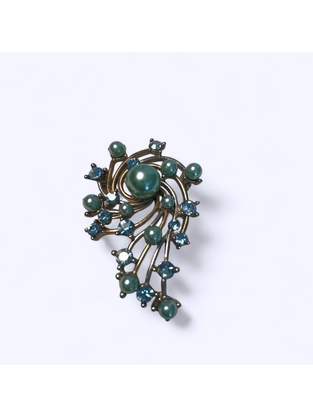 Vintage Brooch Silver-Tone with Baby Blue Pearls and Rhinestones Bohemian